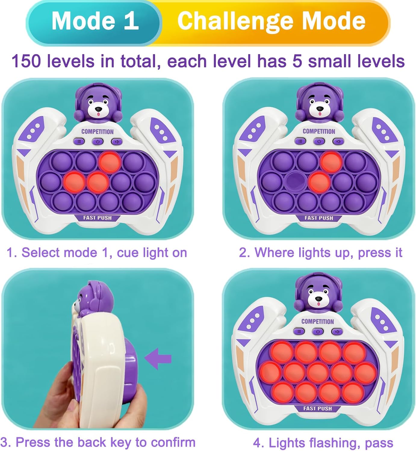 Pop Quick Push Game Console Fidget Toys Light Up Handheld Puzzle Press Popping Toy for Kids Adult Purple Bear