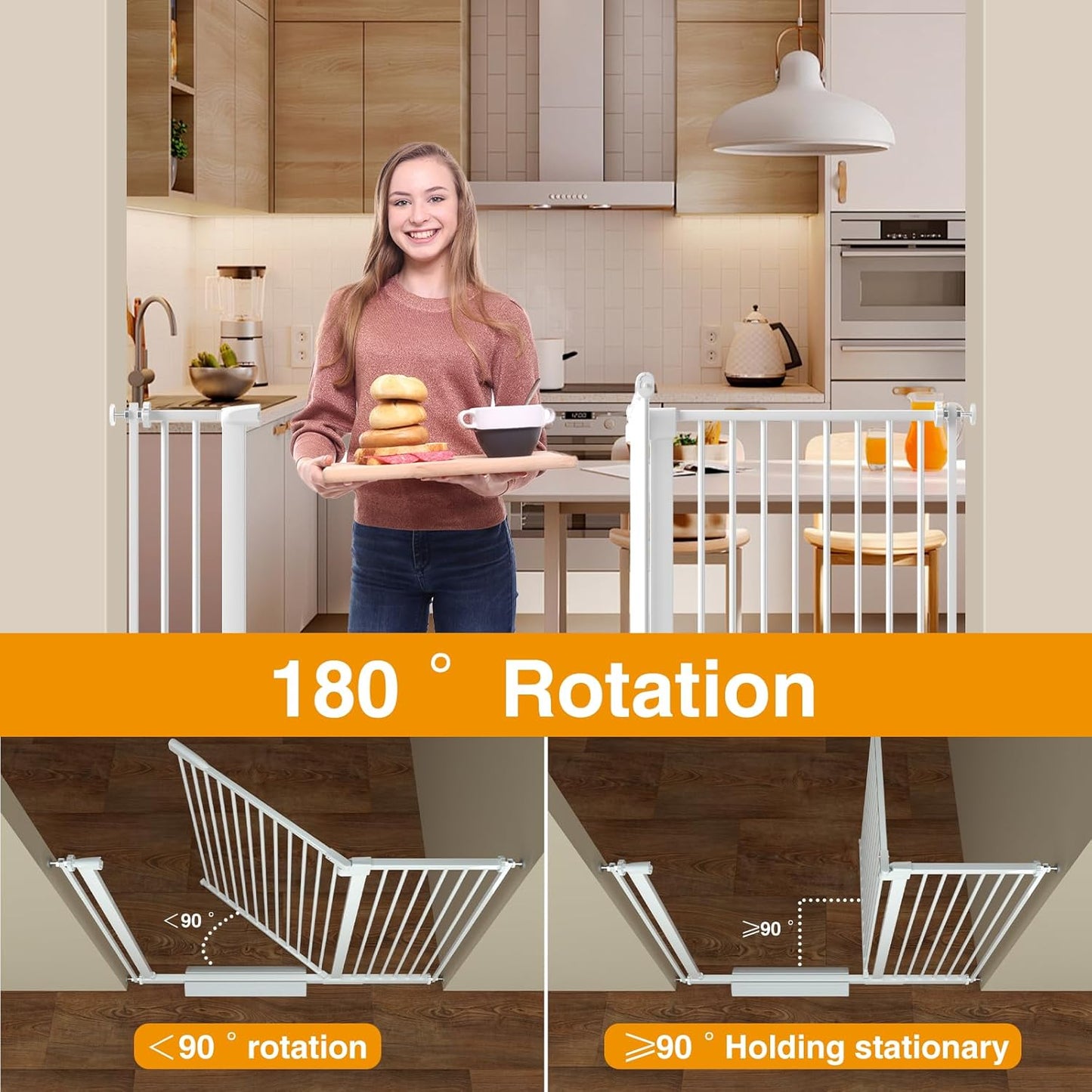 Extra Wide Baby Gate 30.11-77.36",Ultra Narrow 1.37" Spacing Dog Gate indoor,Double Lock Auto Close Pet Gate for House,Pressure Mounted Baby Gate Easy Walk Through Pet Gate for Hallway(White)