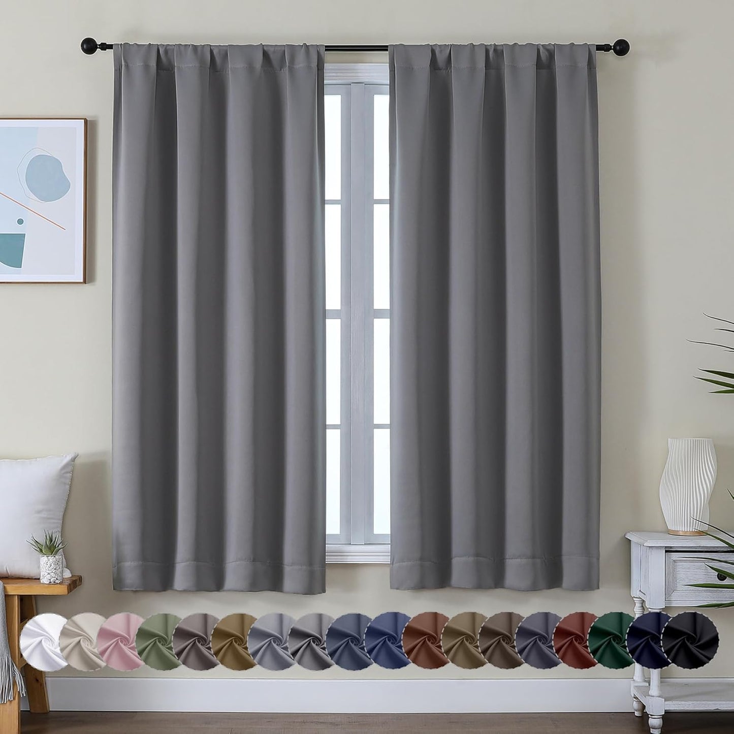 Simplebrand Ava Light Grey Blackout Curtains for Bedroom 63 Inch Length 2 Panels, Solid Thermal Insulated Energy Saving Rod Pocket Window Treatment Curtains Blackout Drapes, W40 x L63 Inch, Light Grey