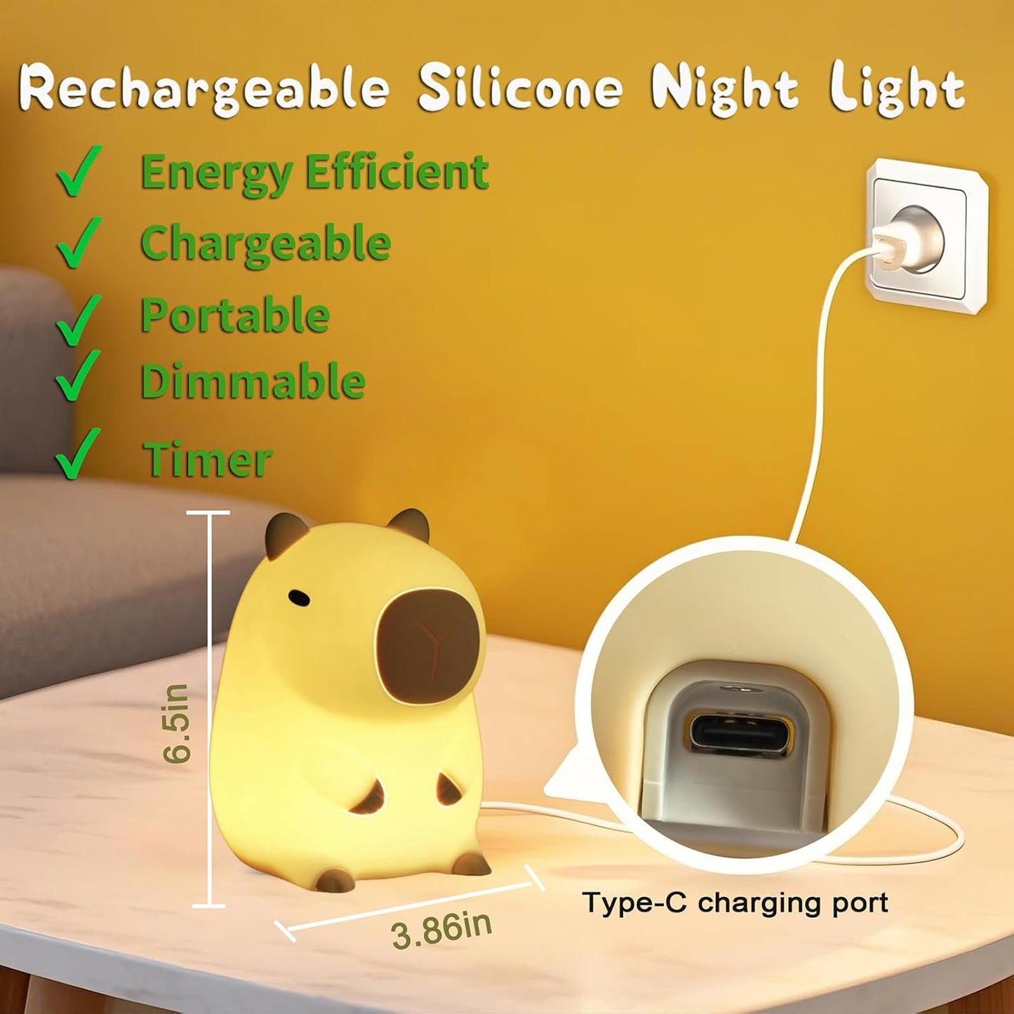 Cute Capybara Night Light,LED Squishy Animal Night Lamp,Soft Silicone Novelty Nightlight,Kids Funny Capybara Lamp Gifts,2 Level Dimmable Boys Girls Light Up Room Décor Rechargeable Touch Lamp