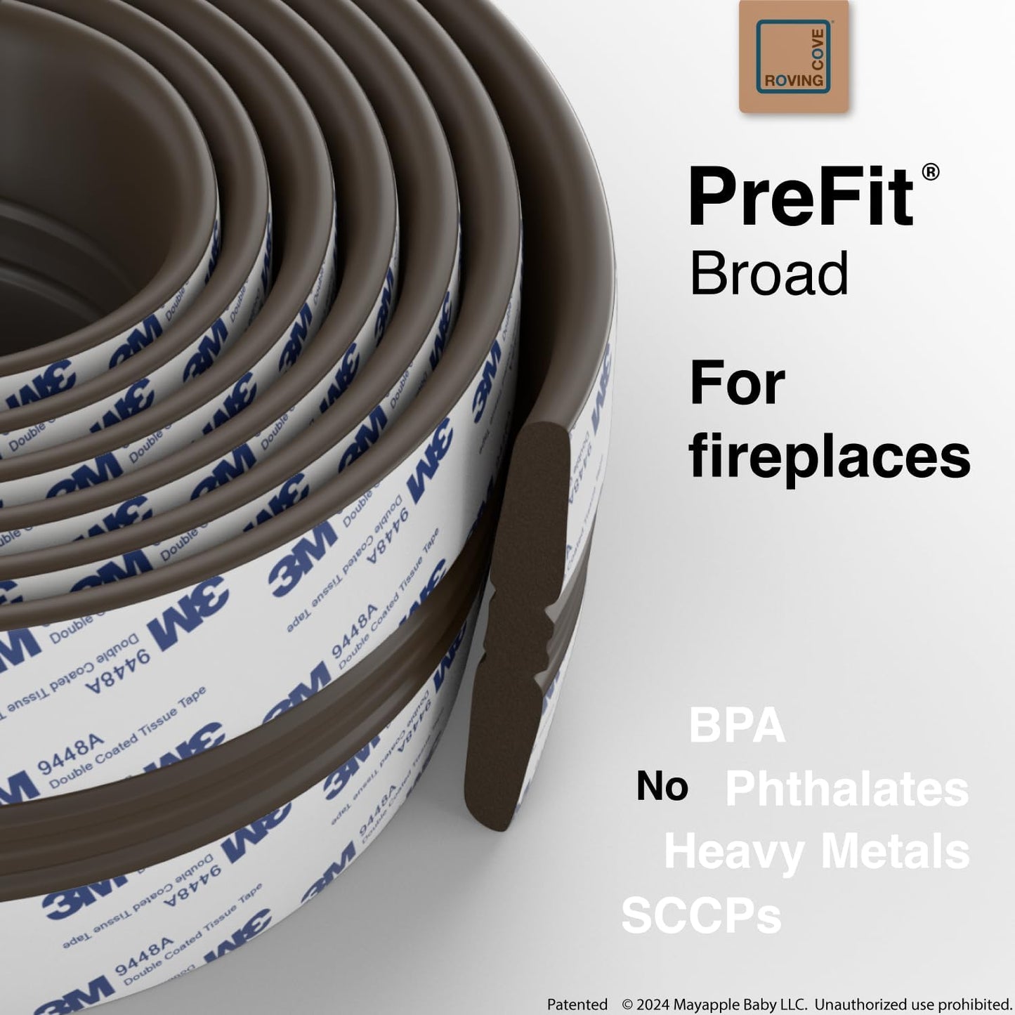 Roving Cove PreFit (Broad) Fireplace Edge Corner Protector (Extra Wide 9ft Edge 2 Corners), Baby Proofing Bumper Guards, Coffee Brown, Pre-Taped, for Straight Surfaces - New & Improved