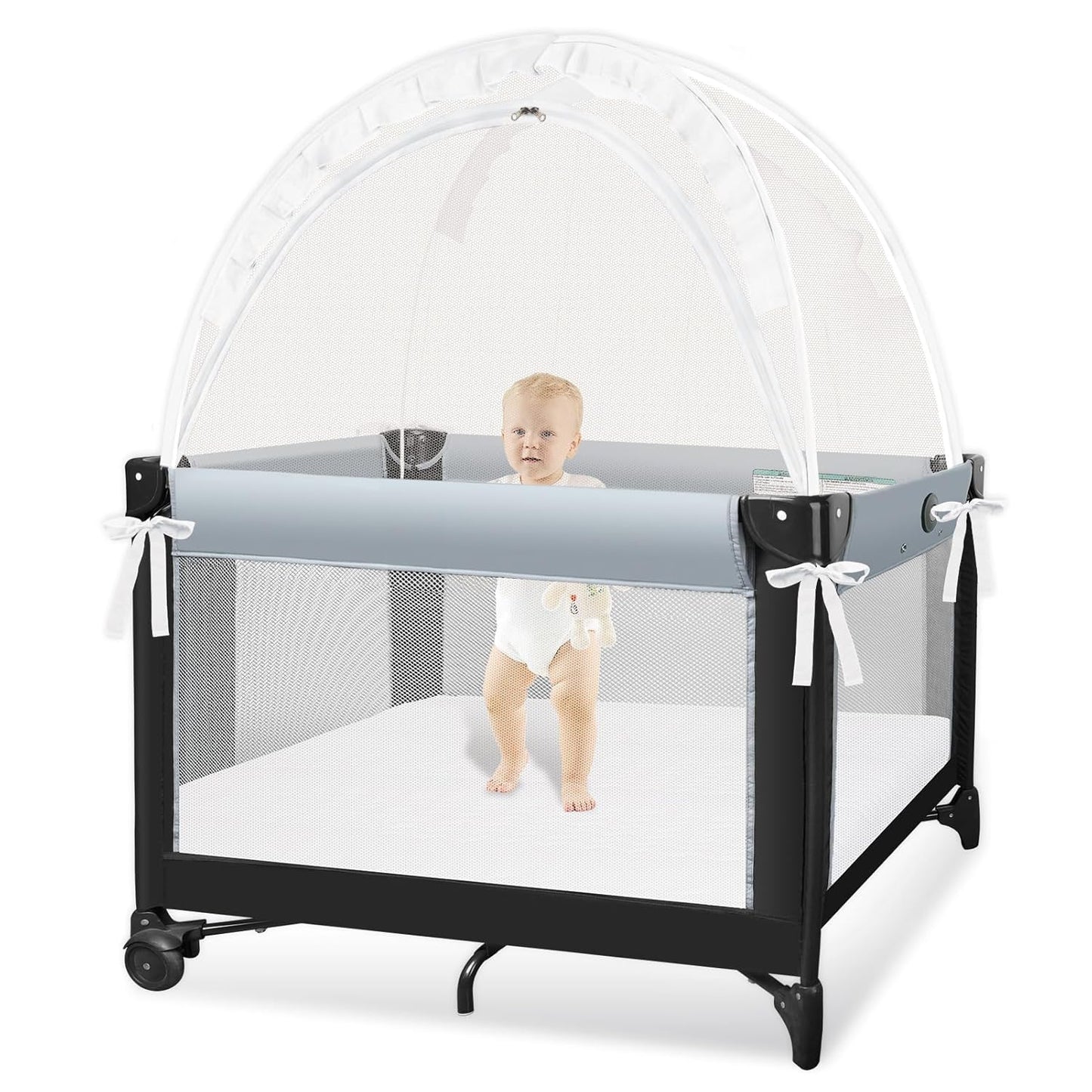 Pack N Play Tent - Mini Crib Tent to Keep Baby from Climbing Out - Crib Net to Keep Baby in - Pop Up Breathable Cribs Cover - Canopy with Upgrade Strong Mesh and Durable Zipper (White, Small)