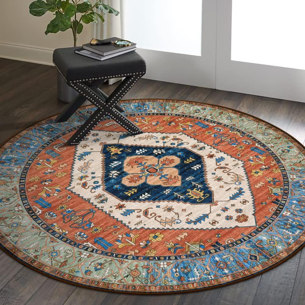 Lahome Boho Washable 3Ft Round Area Rug, Non-Slip Throw Untra-Thin Small Round Carpet, Oriental Vintage Distressed Circle Rug for Bathroom Bedroom Kitchen Office Sofa, 3x3/Rust