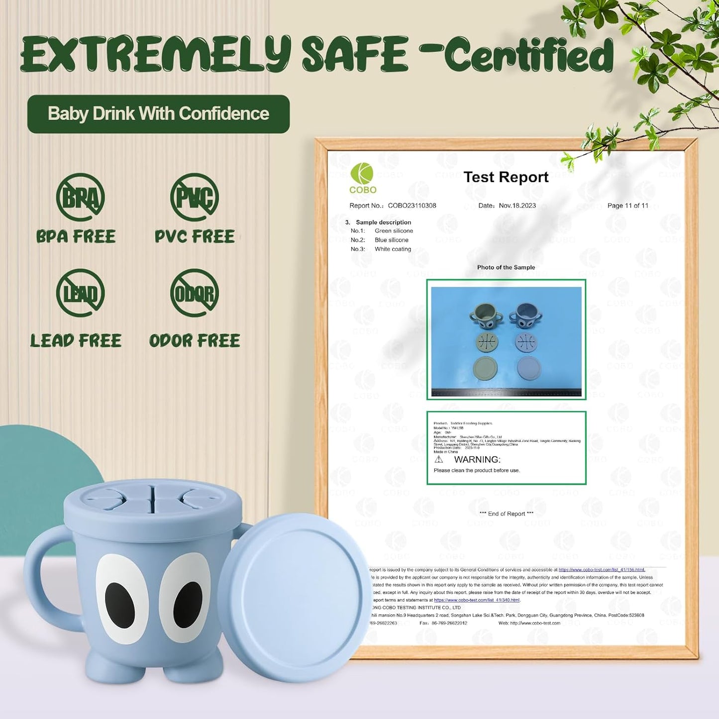 Silicone Snack Cups Food Container for Toddlers and Babies, Spill Proof Training Cup with Snack Cup Lid & Dust Proof Lid, Comes with a toy strap, Without BPA, Lead, or Phthalates (Sage & Gray)