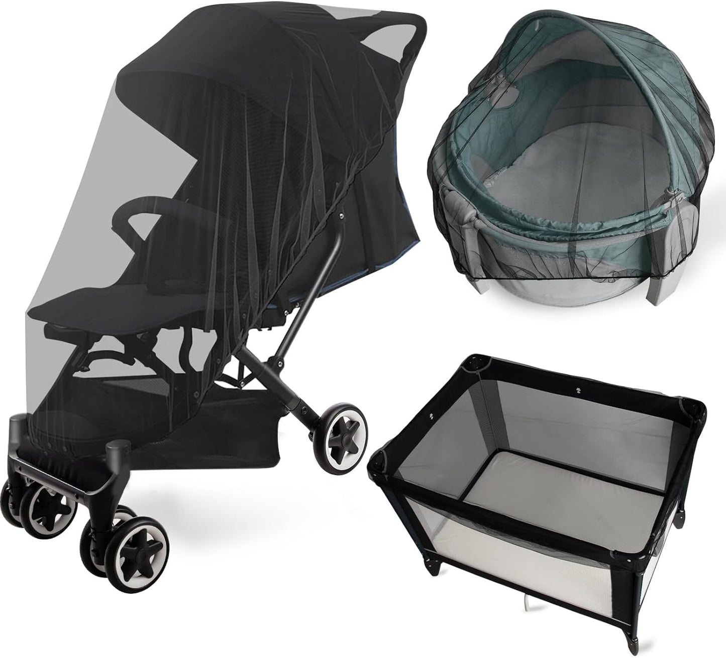 2 Pack Baby Mosquito Net for Stroller, Playard & Bassinet, Reusable Bug Net for Cradles, Carrier, Pack and Plays and Portable Mini Crib, Baby Playpen Mosquito, Black