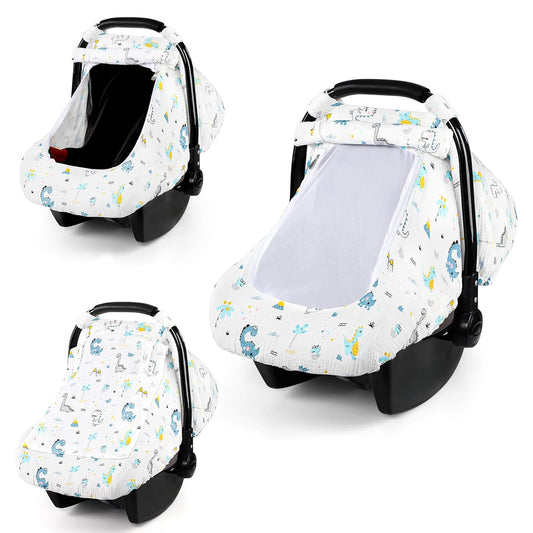 Car Seat Cover Baby, HNHUAMING Muslin Cotton Carseat Covers for Babies Girls Boys Summer Infant Car Seat Covers Canopy, Cozy Newborn Carseat Covers Stroller Cover with Breathable Mesh Window, Dinosaur