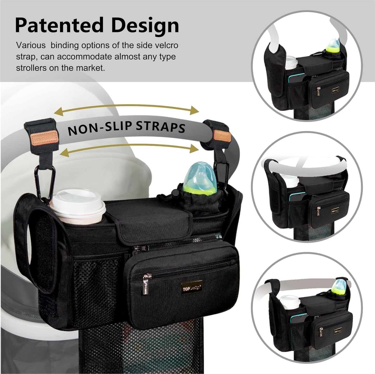 TOPDesign Universal Baby Stroller Organizer, Stroller Caddy with Detachable Mesh Bag & Heightened Insulated Cup Holders & Non-Slip Secure Hooks Accessories, Fits Most Strollers (Blue)