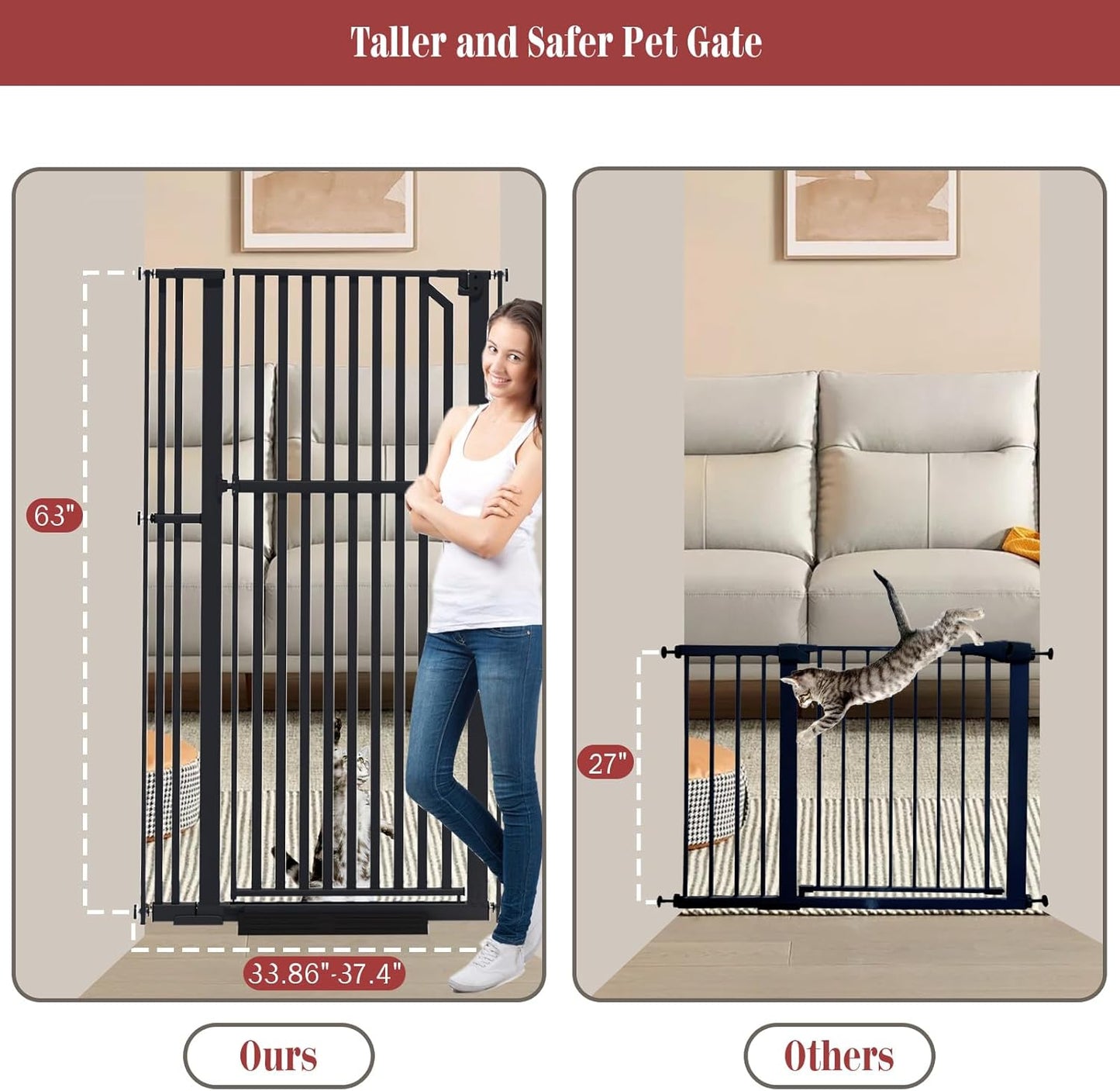Glaf Extra Tall Pet Gate 63" Pressure Mounted Cat Door Safety Metal Cat Gate Adjustable Width Dog Door Auto-Close Dog Gates for Doorways, Stairs, Kitchen, Hallway (Black, 33.86-37.4")