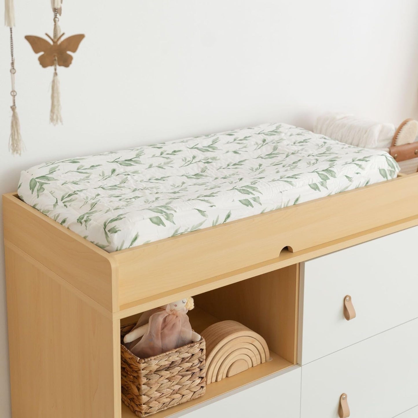 Crane Baby Green Leaf, Quilted Changing Pad Cover, 100% Cotton Sateen, 16in X 32in, Fitted with Elastic, Soft, Machine Washable, Neutral Nursery Essential