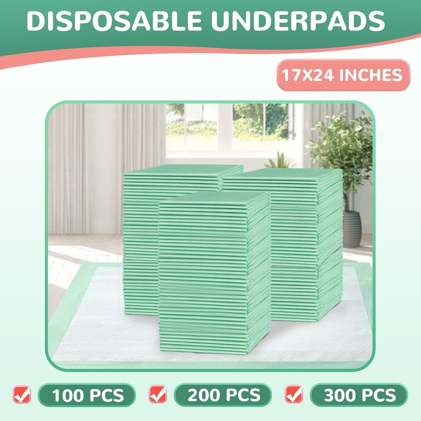 Disposable Underpads 17"×24"(300 pcs) Light Absorbent Bed Pads Small Chucks Pads for Kids, Puppy, Cat and Tioilet