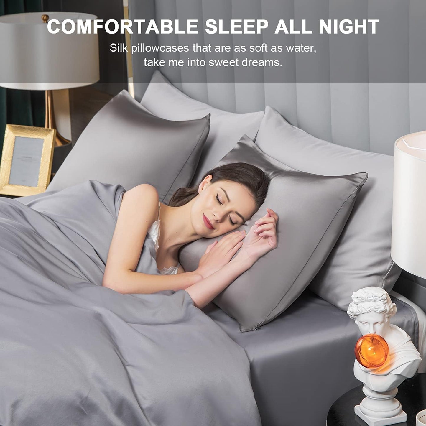 2 Pcs Mulberry Silk Pillowcase for Hair and Skin,Cooling Silk Pillow Case with Hidden Zipper,Allergen Proof Dual Sides Soft Breathable Smooth Silk Pillow Cover for Women(Standard-2PCS,Dark Gray)