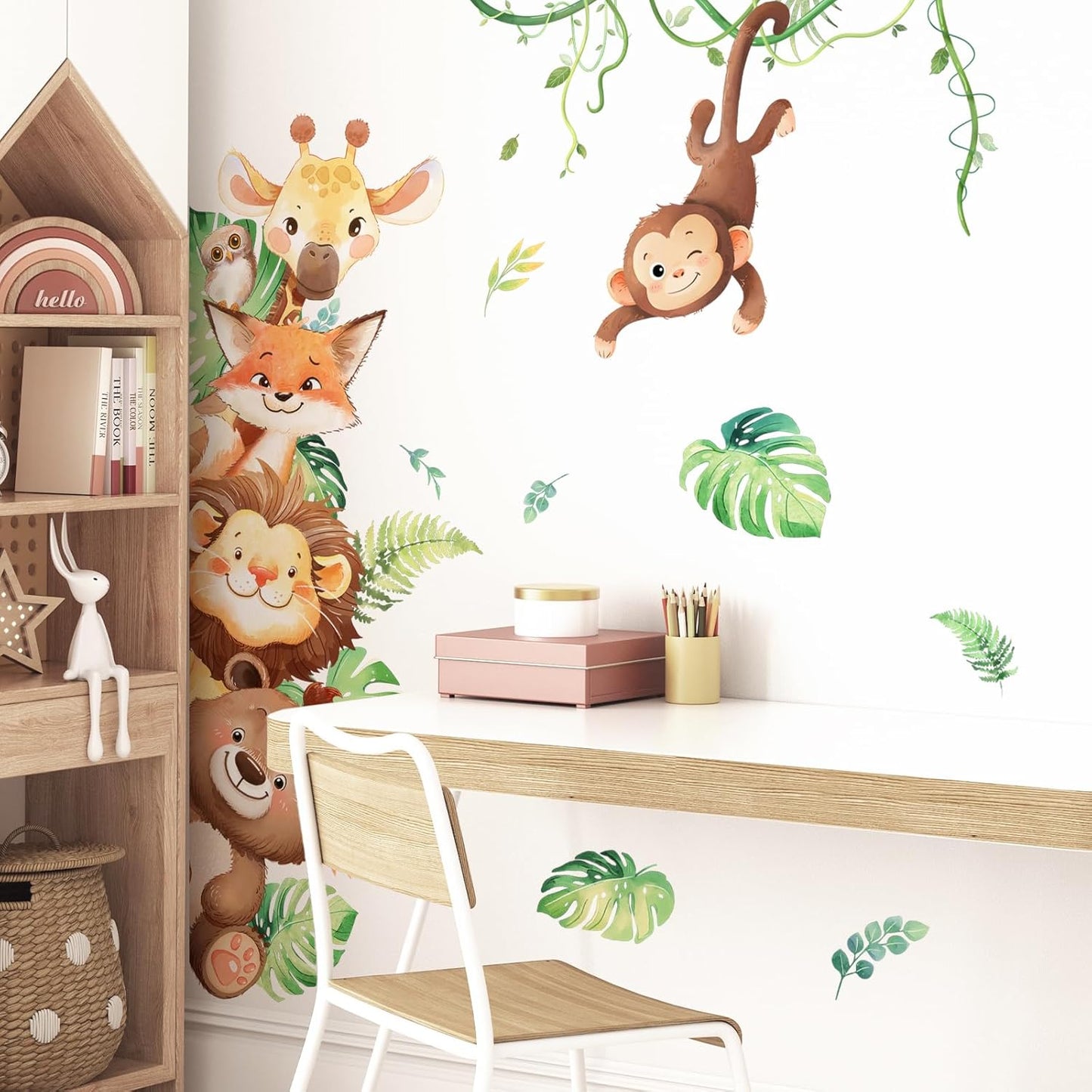 Tanlaby Jungle Animals Wall Stickers Cartoon Safari Animal Wall Decals Fox Bear Lion Monkey Tropical Leaves Art Decor for Baby Nursery Kids Playroom Bedroom
