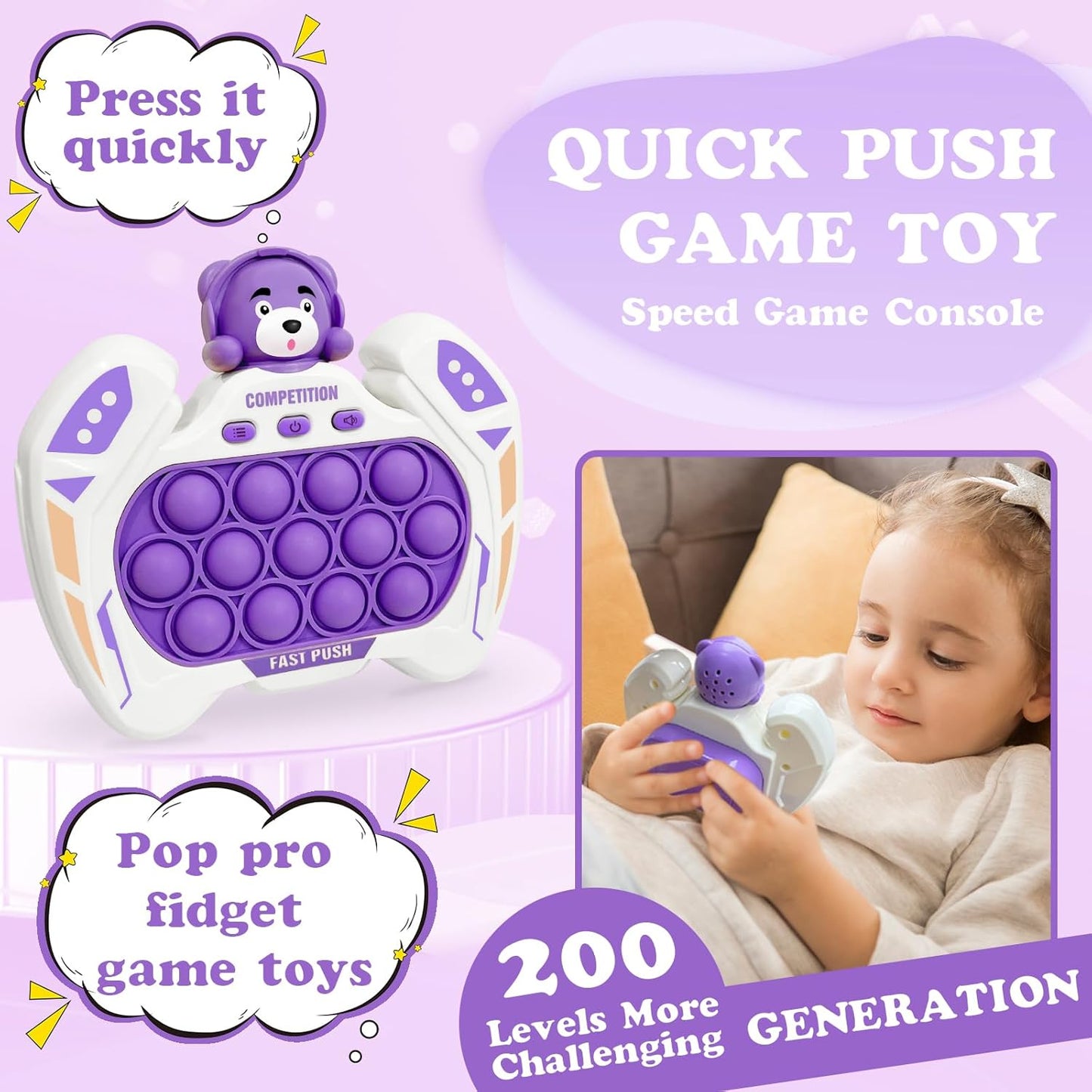 Fast Push Pop Pro Light Up Fidget Bubble Game Controller, Puzzle Pop Pro Game Fidget Toys Adults Handheld Bubble Pop Fidget Game Console Anti-Anxiety Autism Electronic Pop Game