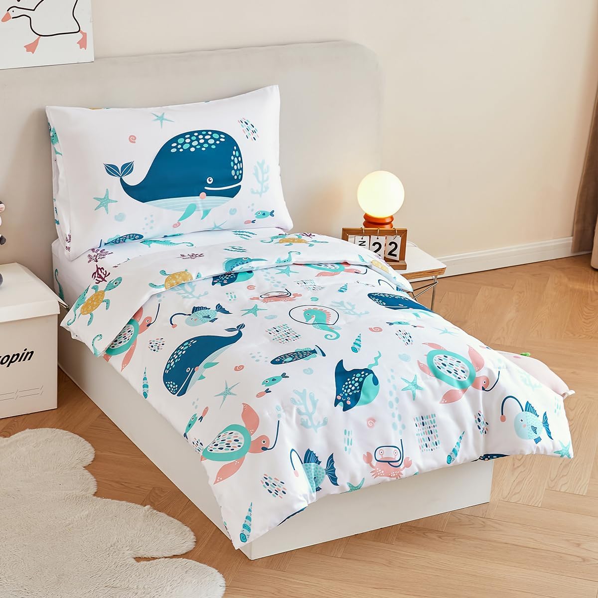 PERFEMET 4 Pcs Toddler Bedding Set Ocean Themed Toddler Comforter for Girl Soft Reversible Under Sea Animals White Toddler Bed in A Bag for Boys Girls(White, Whales)