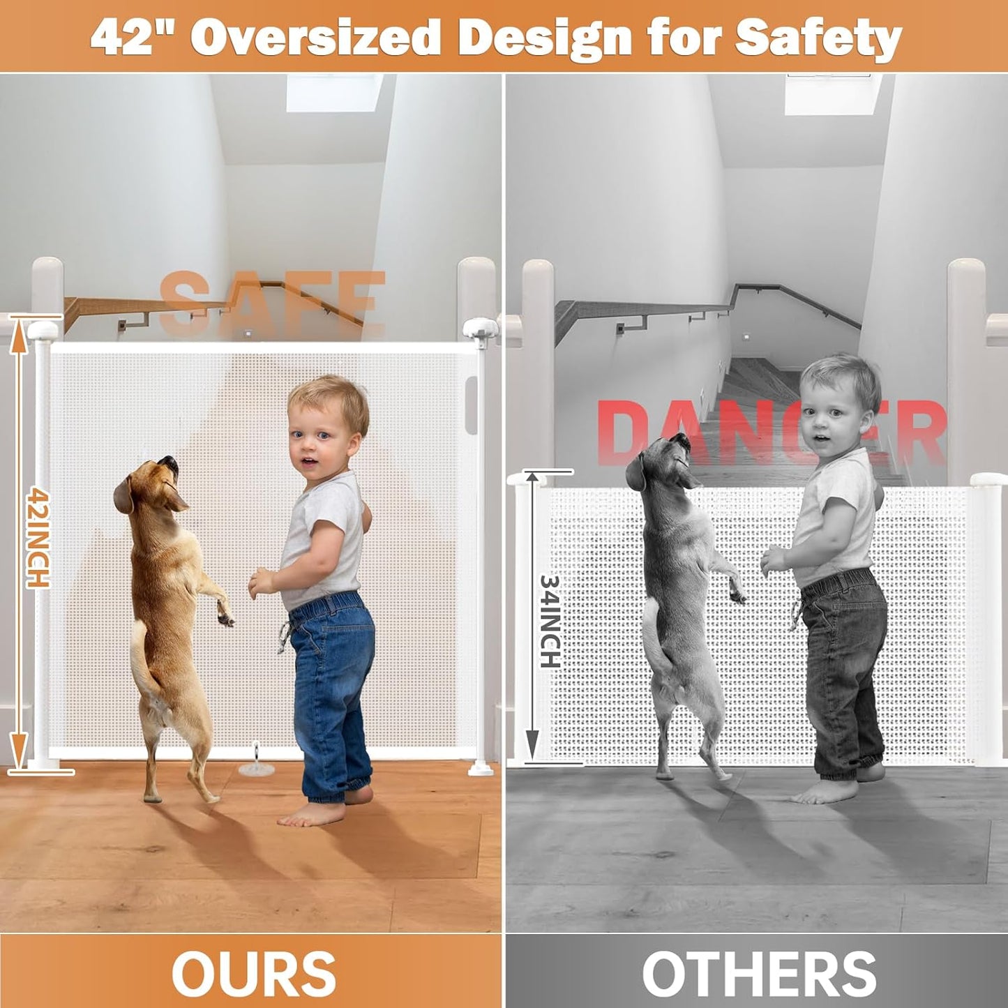 42" Extra Tall Retractable Baby Gates Dog Gate for Stairs, 55" Wide Mesh Baby Gate Pet Gate with Support Rods for The House, Child Safety Gates for Doorways, Hallways, Deck, Porch, Indoor, Outdoor