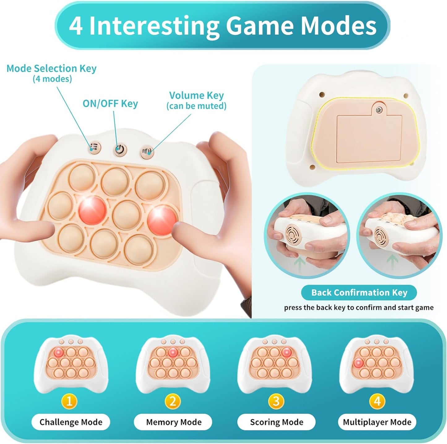 Pop Quick Push Game Console Light Up Sensory Fidget Toys Handheld Puzzle Popping Press Toy for Kids Adult White