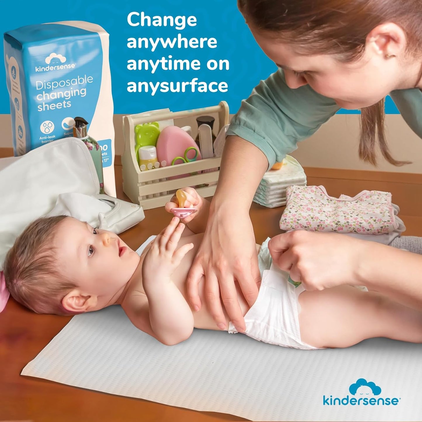KinderSense® Disposable Changing Pads for Baby Diaper (100 Sheets) | Portable Changing Pad Liners (23" x 17.5") | Paper Top Layer - Waterproof Bottom Layer | Leak Proof Infant Changing Mat
