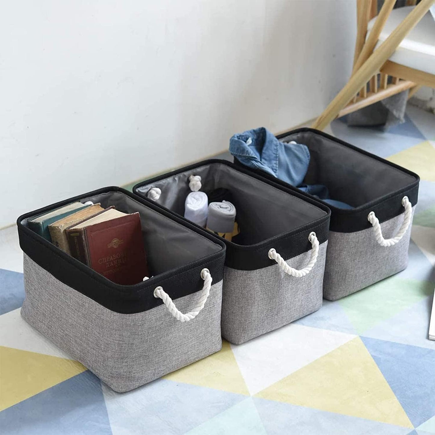 TcaFmac Storage Basket for Organizing - Large 4 Pack Canvas Decorative Storage Bins Baskets for Shelves with Ropes, Foldable Storage Cubes for Closet Cloth Toy Linen(Black & Grey 16x12x8 inch)