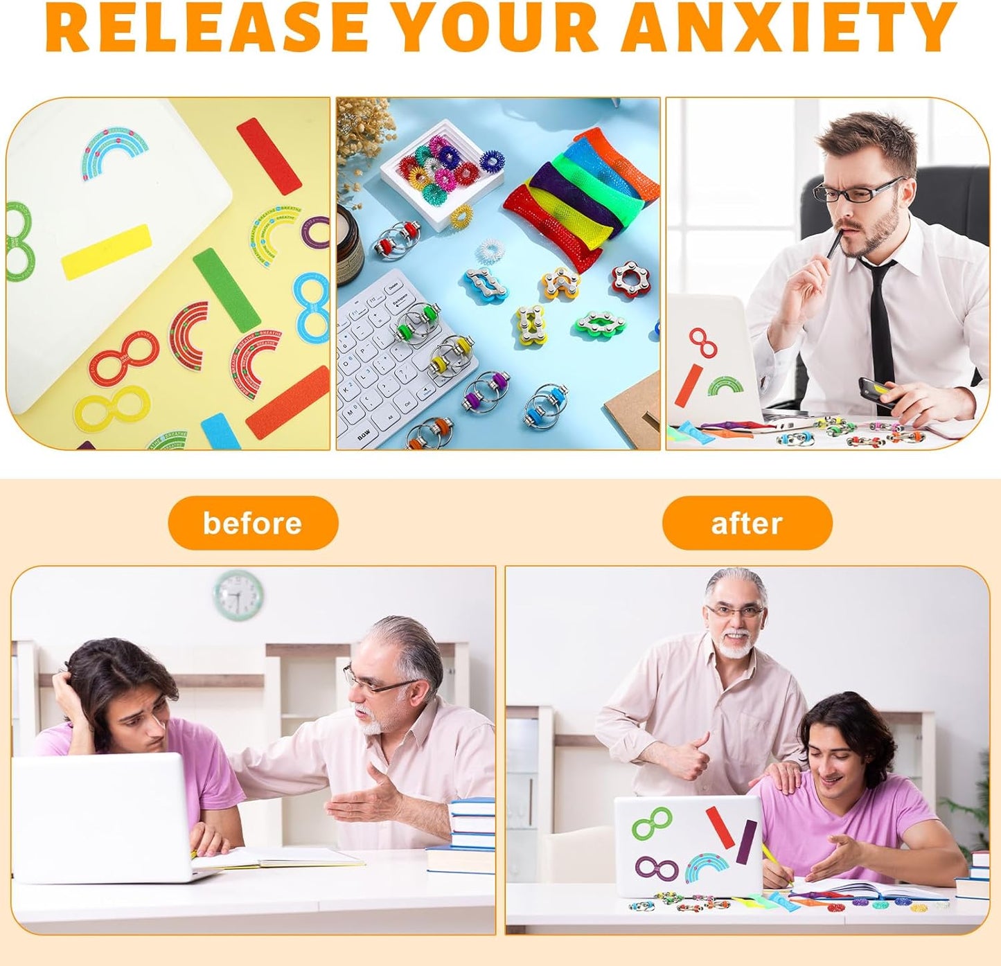 90 Pcs Sensory Fidget Toys Include 12 Sensory Rings 12 Flippy Roller Chain 12 Marble Mesh Fidget Toy 54 Anxiety Sensory Stickers for ADHD Autism Adults Teens Classroom Anxiety Stress Relief