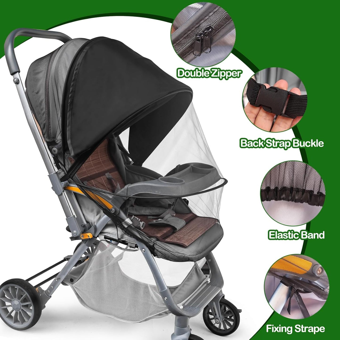 Baby Mosquito Net for Stroller Sun Shade, 2-in-1 Stroller Cover for Sun Protection with Two-Way Zipper and Storage Bag, Breathable Strollers Bug Net Suitable for Bassinet, Cradle, Car Seat – Black