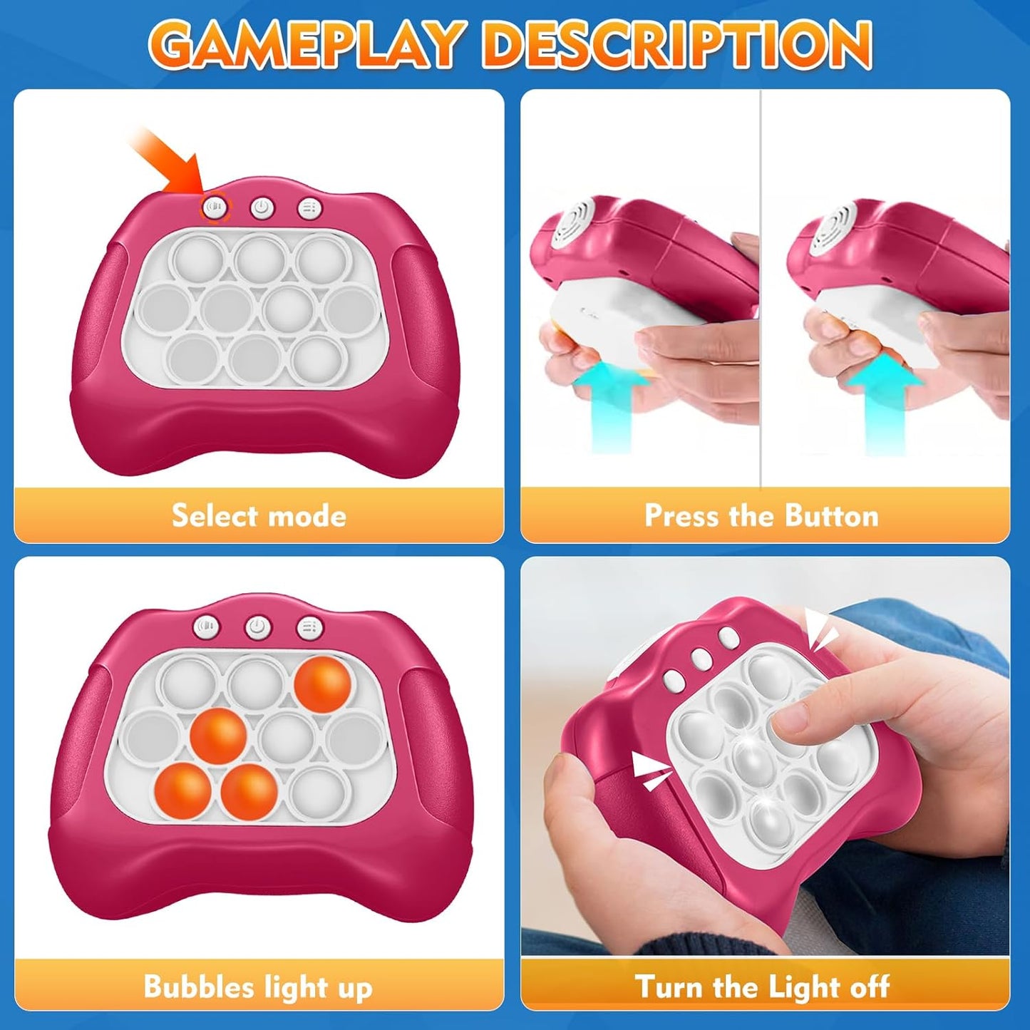 Quick Push Bubble Game for Kids 3+, Electronic Quick Push Game Console, 4 Modes Push Pop Game Christmas Birthday Gifts for Boys Girls Adults, Light-Up Interactive Educational Sensory Fidget Toy, Pink