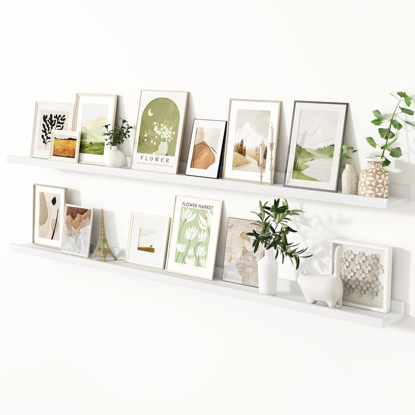 Fun Memories 72 Inch White Picture Shelves for Wall with Ledge, Natural Wood Floating Shelves with Lip, Set of 2, Farmhouse Rustic Wall Shelf Photo Shelf Nursery Bookshelf for Living Room, Kids Room