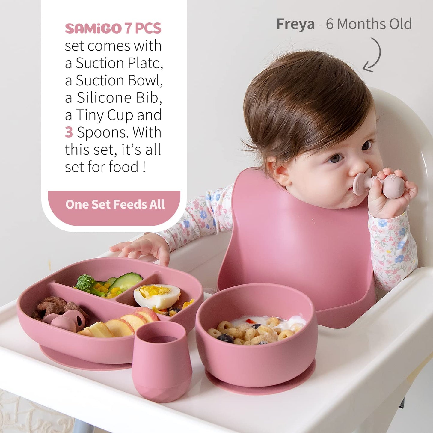 SAMiGO Silicone Baby Feeding Set, Baby Led Weaning Supplies, Suction Bowl Plate Bib Cup Self Feeding Spoons, Solid Food Eating Essentials, First Stage Utensils, 6+ Months