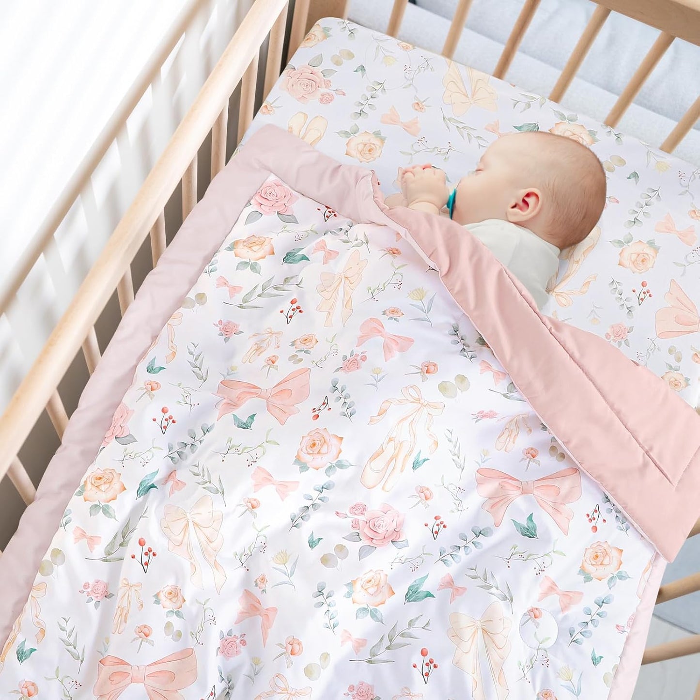 GFU Crib Bedding Set for Girls 4-Piece, Bow Baby Girl Crib Bedding Set Pink Flowes, Nursery Sets Includes Comforter, Fitted Crib Sheet, Crib Skirt, and Diaper Stacker