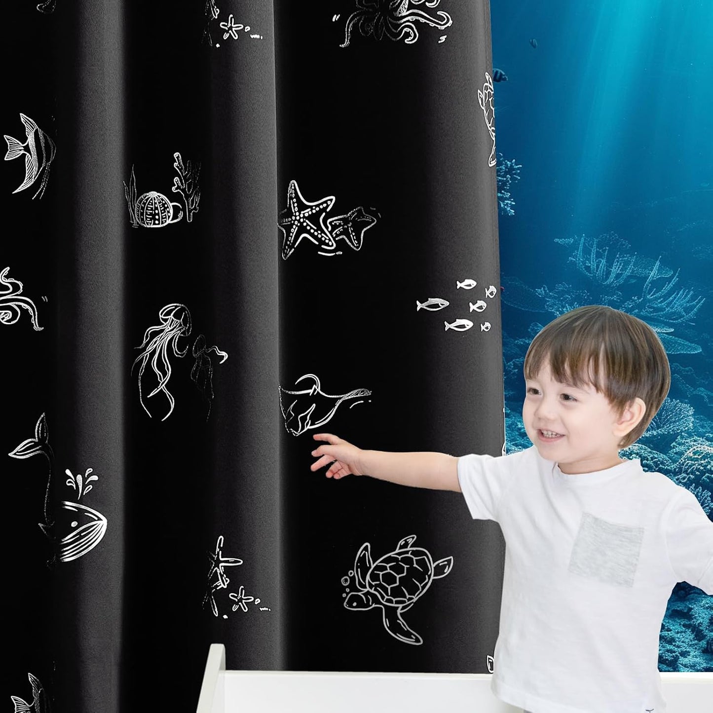 Vangao Kids Curtains for Boys Bedroom Kids Blackout Curtains 63 Inch Length Ocean Aquarium Nursery Drapes for Girls Bedroom Silver Sea Animals Print Thermal Insulated Drapes, Black 2 Panels