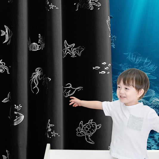 Vangao Kids Curtains for Boys Bedroom Kids Blackout Curtains 63 Inch Length Ocean Aquarium Nursery Drapes for Girls Bedroom Silver Sea Animals Print Thermal Insulated Drapes, Black 2 Panels