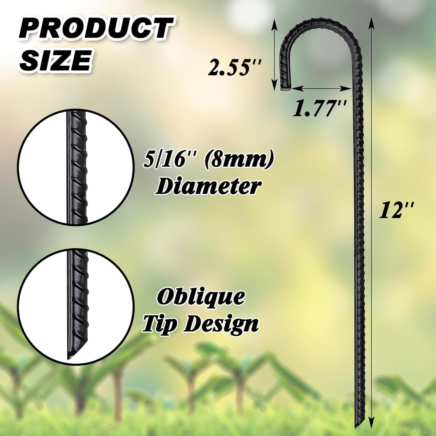 FEED GARDEN 12 Inch 16 Pack Rebar Stakes Heavy Duty J Hook, Galvanized Ground Stakes Tent Stakes Steel Ground Anchors, Chain Link Fence Stakes, Trampoline Stakes, Black
