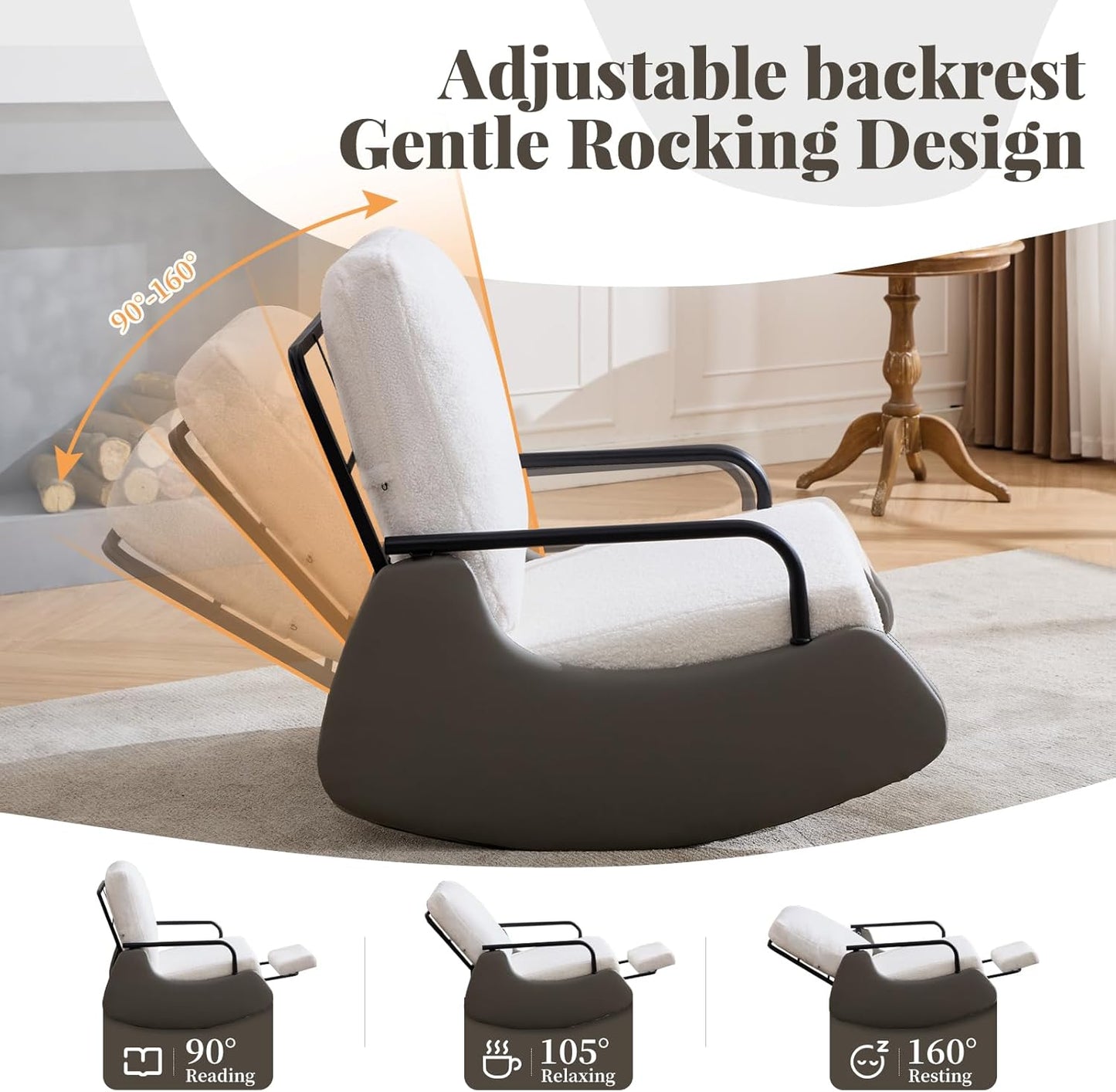 Nursery Rocking Chair, Teddy Upholstered Glider Rocker Modern Accent Chair Padded Seat with High Backrest,Comfy Side Chair for Nursery,Living Room Bedroom Offices, White