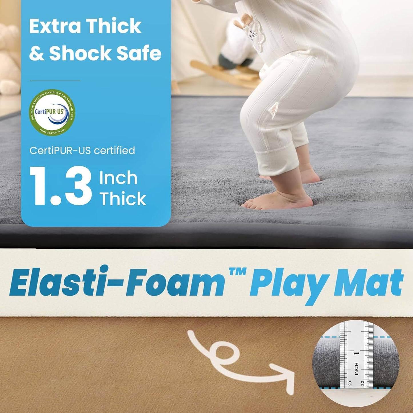 Baby Play Mat for Kids Room,Extra Thick Elasti-Foam Anti-Fall Cushion Mat for Babies,Toddlers,Infants,Water-Repellent&Non-Slip Bedroom Bedside Rugs(Dark Grey)