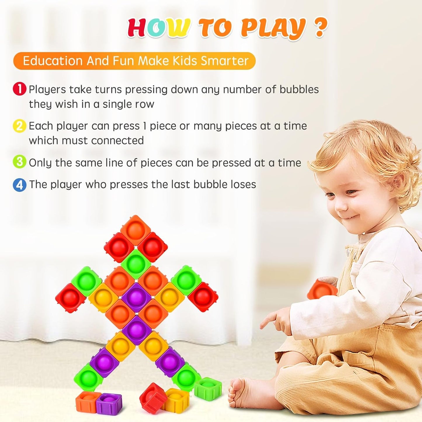 25Pcs Sensory Fidget Blocks, Kids CVC Learning Infinity Cube Bubble Toy, Pops-Its-Fidgets for Classroom Educational Stress Relief Building Block, Pop-Sensory Toys for Children Adults Autistic, Rainbow