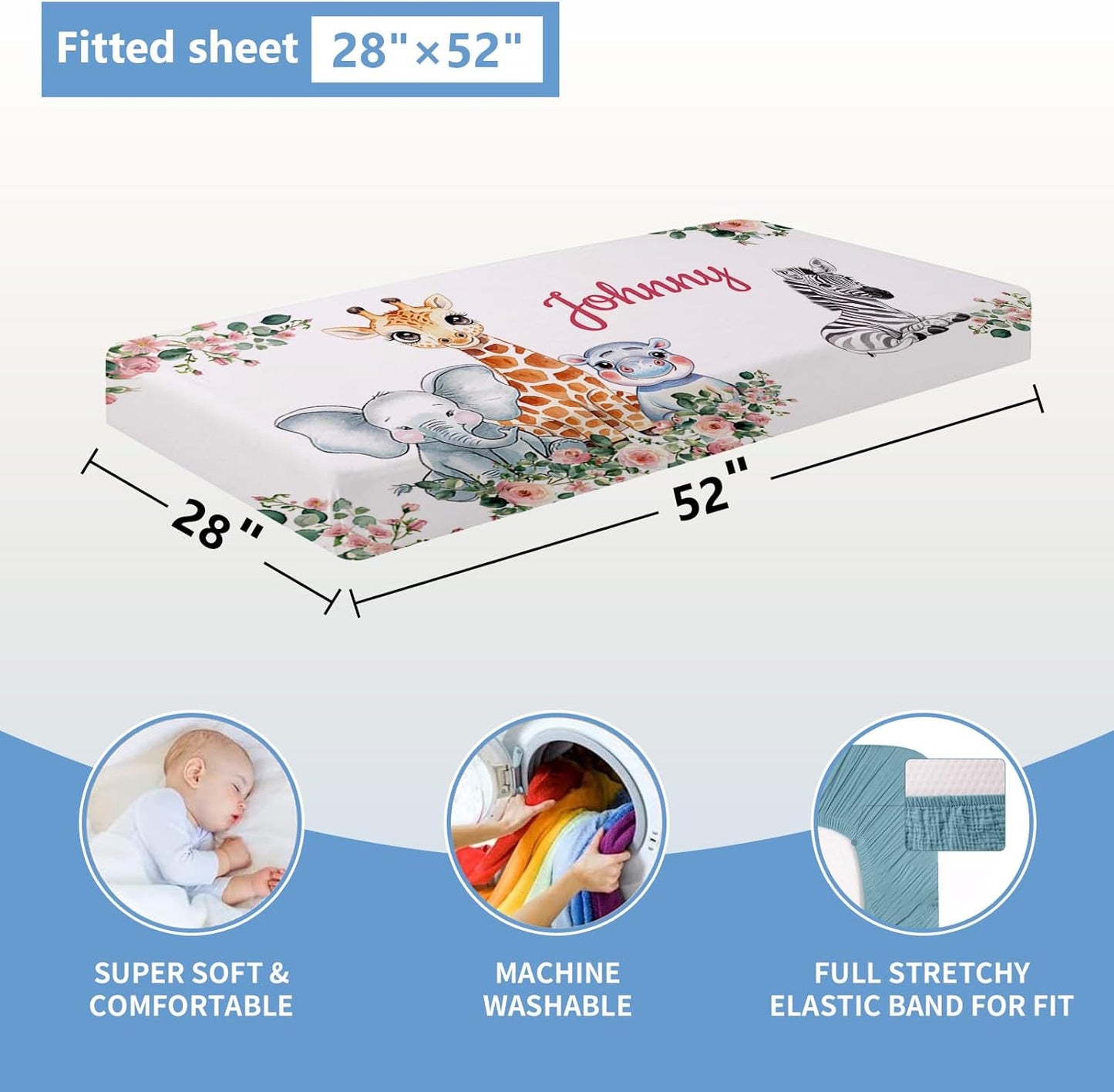 Custom 5-Piece Baby Crib Bedding Set, Personalized Name for Kid Toddler, Animal Nursery for Boy Girl, Double Layer, Customized Gift for Infant