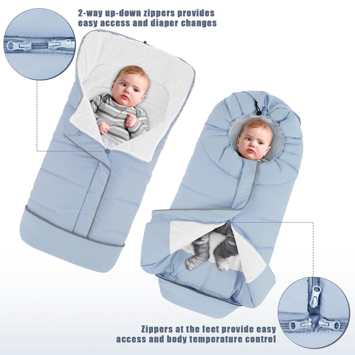 Yoofoss Stroller Cover for Winter, Toddler Stroller Footmuff Universal for Most Stroller, Water Resistant Warm Coral Baby Stroller Bunting Sleeping Bag Blue