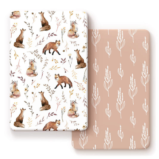 GRSSDER Stretchy Ultra Soft Jersey Knit Fitted Pack n Play Sheets Set 2 Pack, Fit Portable/Mini Crib, Playards Mattress Pads Safe and Snug, Pretty Fox for Baby Girls
