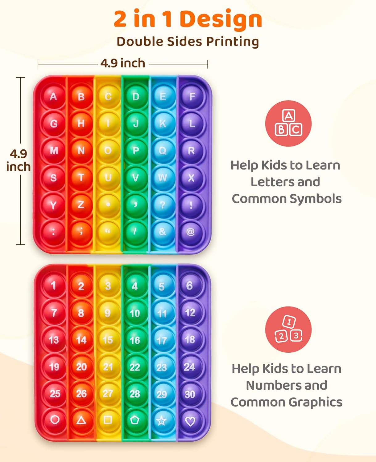 Double Sided Alphabet Numbers Fidget Toys,ABC Learning and Educational Toys, Stress Relief, Autism Sensory Toys,26 Letters on One Side,Numbers 1-30 on The Other Side (1 Pack)