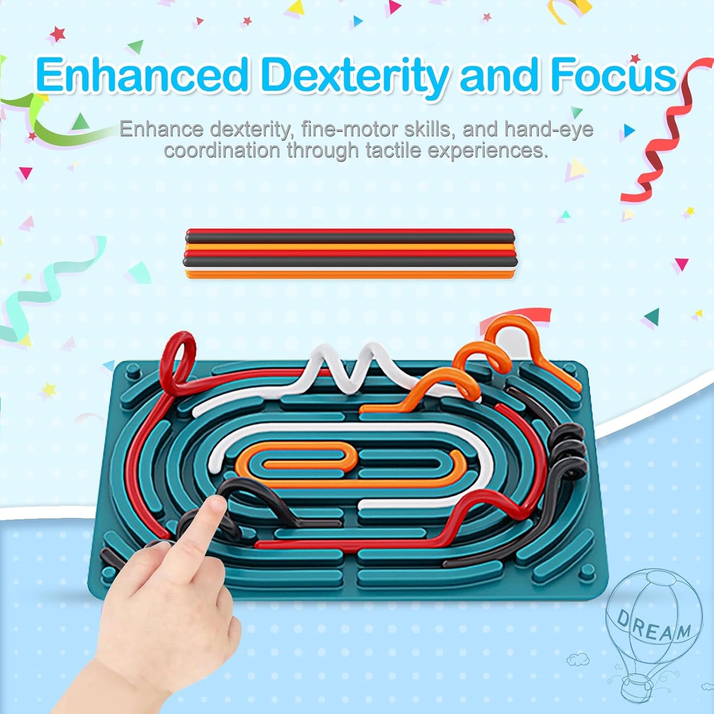 Sensory Activity Board,Sensory Toys for Kids with Autism ADHD,Kids 3+ & Adults Activities for Travel,Silicone Fidget Toy for Calming, Anxiety with Portable Travel Bag & 12 Strings(Blue)