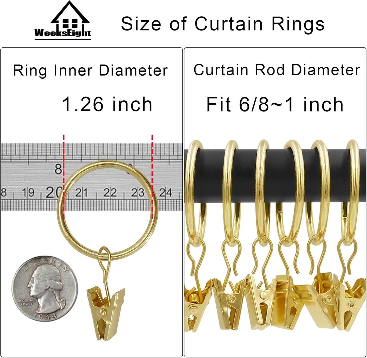 100 Pack Gold Curtain Rings with Clips, Curtain Hooks Hangers Clip Rings for Hanging Drapes Bows Hat, Drapery Rings 1.26 in I D, Fits up to 1 in Diameter Curtain Rod.