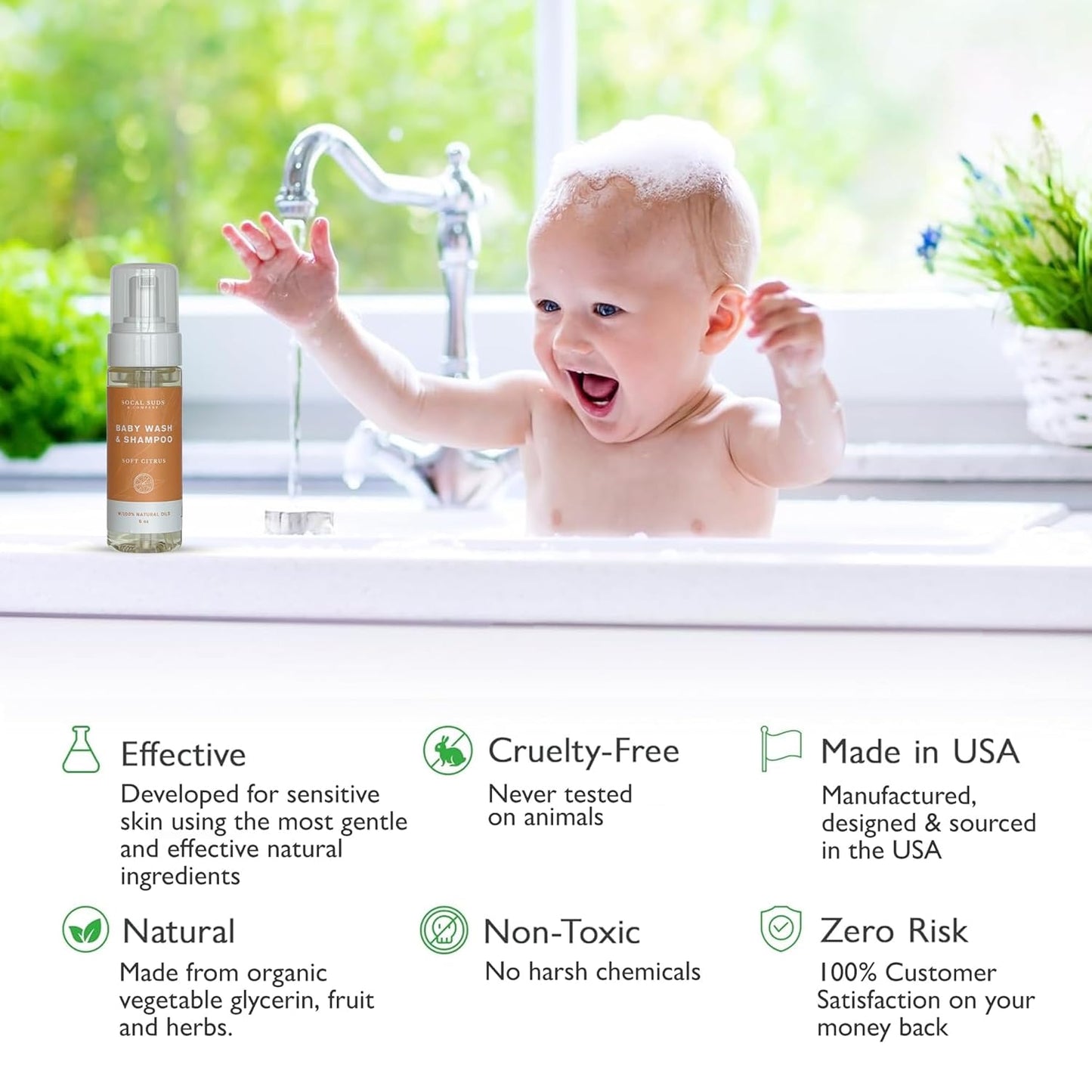 SoCal Suds & Company - Organic Foaming Baby Wash & Shampoo - Gentle Cleansing Newborn Body & Hair Soap for Sensitive Skin - Clean Natural Soothing Ingredients - Soft Citrus, 6oz, 2-Pack