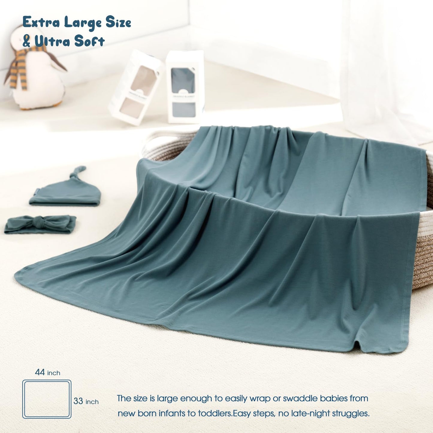 GRSSDER Newborn Swaddle Blanket, Ultra Soft Jersey Receiving Blanket with Matching Headband and Beanie Set 33×44", Stretchy Baby Neutral Swaddle Wrap for Girls and Boys