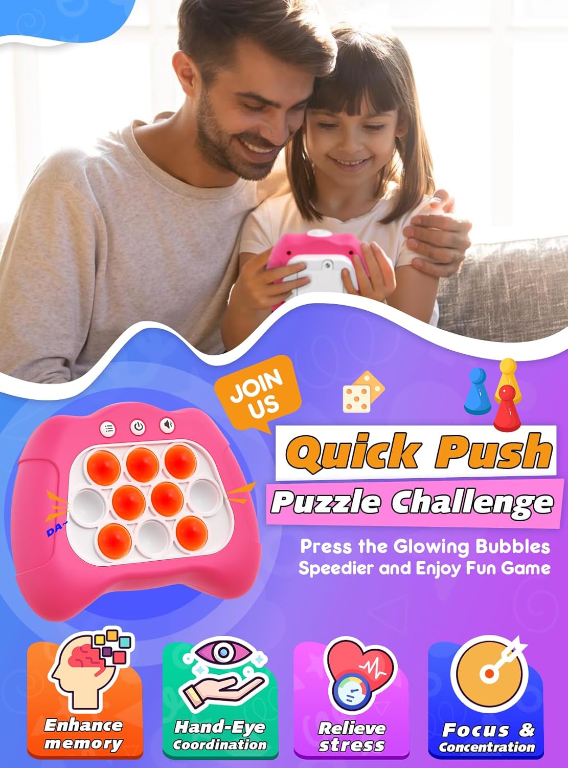 Fast Push Bubble Up Fidget Toy, Electronic Light Up Game Console, Cool Birthday Gifts for 6 7 8 9 10-12 Year Boys and Girls Stress Toy, Concentration Speed Puzzle Game for Family Party-Pink