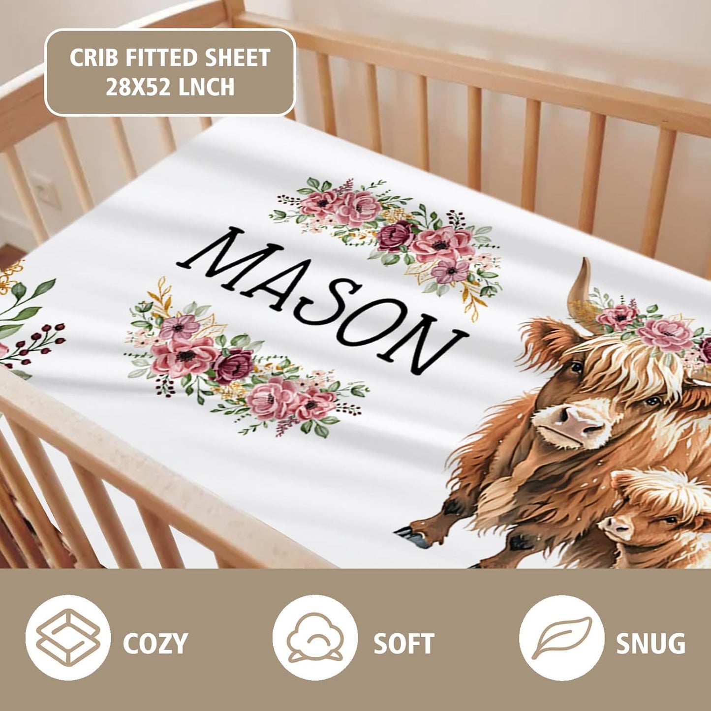 Custom Name Crib Bedding Set - Flower Highland Cow Pattern, Personalized Nursery Bedding 3-Piece Set– Soft Blanket, Fitted Sheet, Changing Pad Cover – for Newborns Girls Nursery Gifts