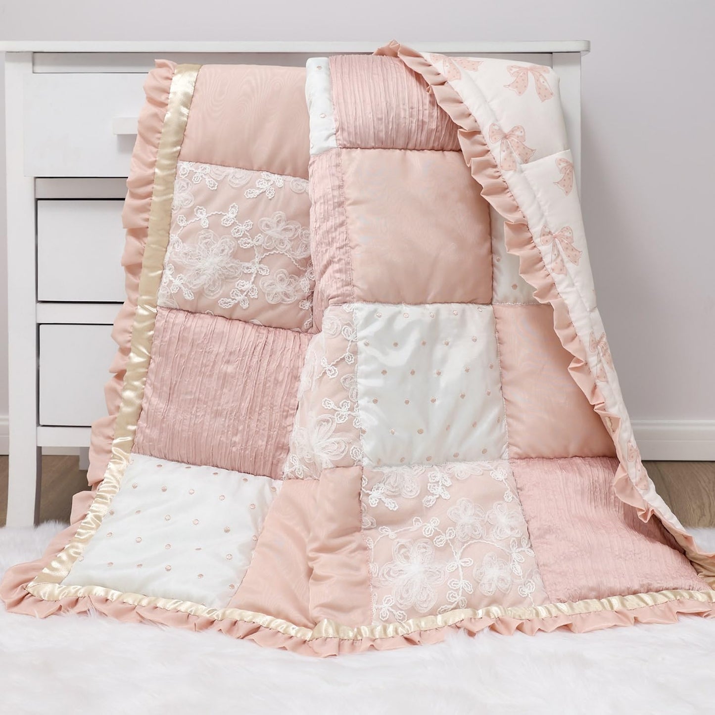 The Peanutshell 3 Piece Baby Crib Bedding Set for Girls - Cotton Fitted Crib Sheet, Layered Dust Ruffle, Comforter, Newborn, Infant & Toddler Vintage Nursery Bed Set Decor, Pink, Gold, Floral - Grace