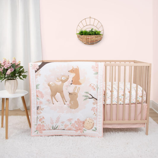 The Peanutshell 3 Piece Baby Crib Bedding Set for Girls - Newborn, Infant & Toddler Nursery Bed Set Decor with Fitted Crib Sheet, Dust Ruffle Comforter - Fairytale Forest