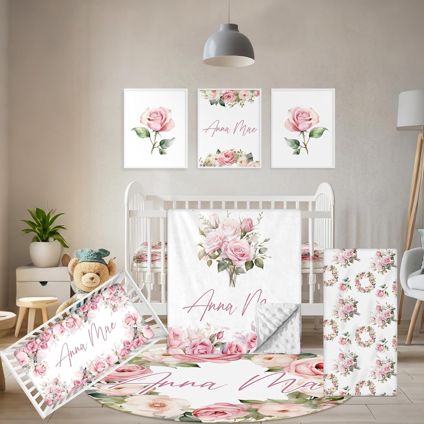 Custom Crib Bedding Set - 5 Pcs Personalized Name Pink Flowers Baby Crib Set for Infant Toddler Girl - Comfortable Double Layer Nursery Bedding Set - Customized Present for Birthday Baby Shower