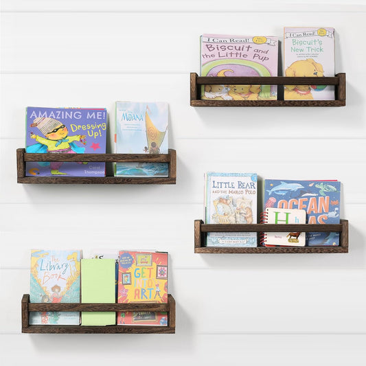 Nursery Room Shelves Set of 4, Wood Floating Book Shelves for Kids Room, Baby Book Shelf for Nursery, Kitchen Spice Rack (Carbonized Brown)