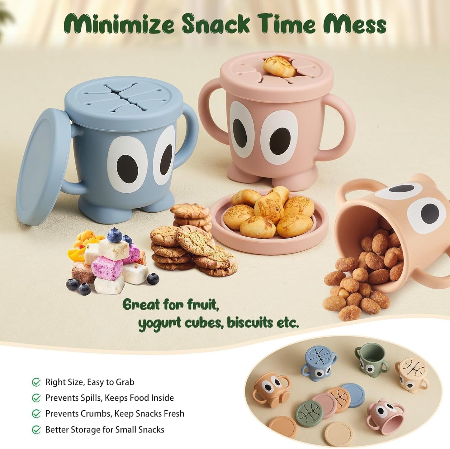 Silicone Snack Cups Food Container for Toddlers and Babies, Spill Proof Training Cup with Snack Cup Lid & Dust Proof Lid, Comes with a toy strap, Without BPA, Lead, or Phthalates (Ether&Beige)