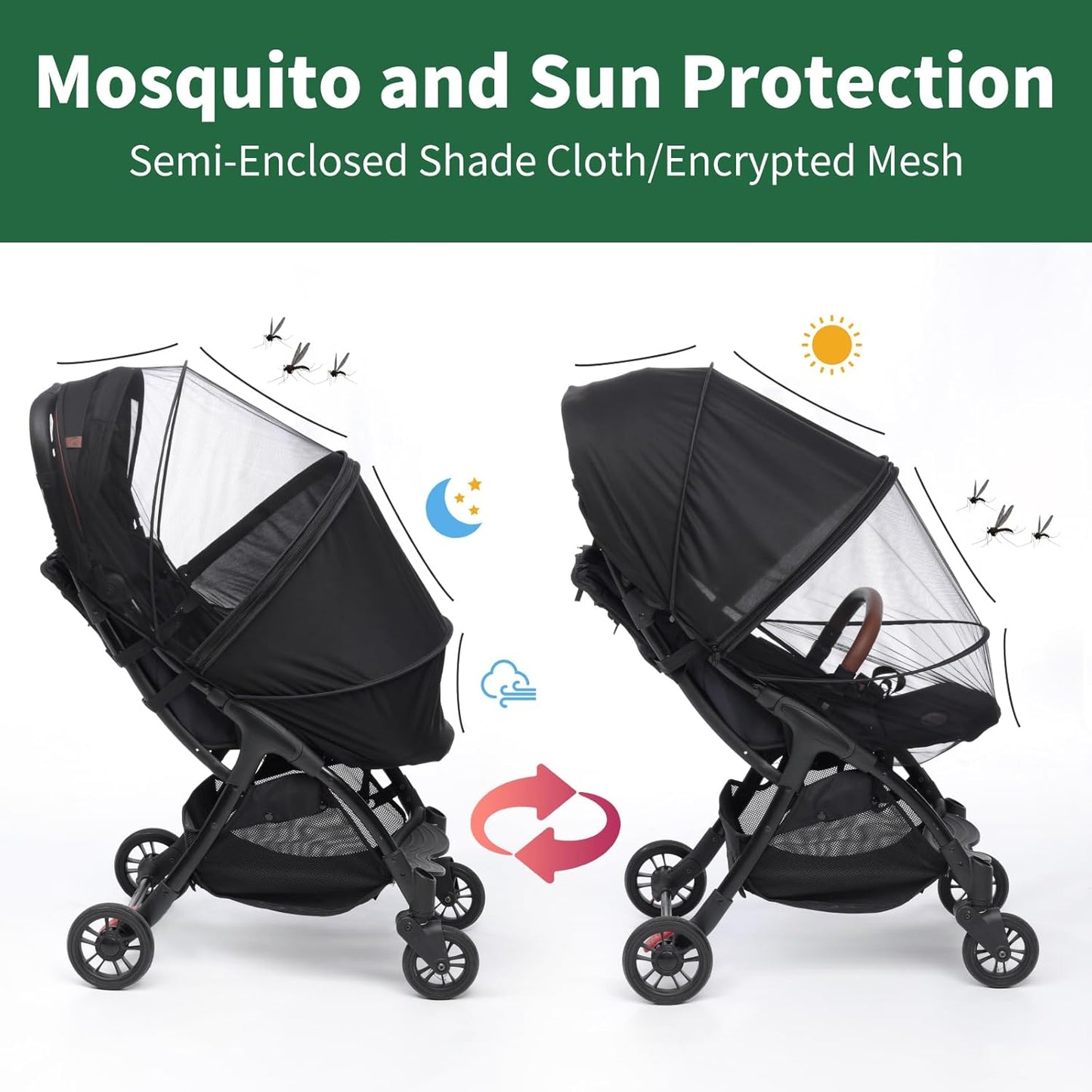 2-in-1 Stroller Sun Shade and Mosquito Net Cover - Universal Breathable Baby Cover With Two-Way Zipper for Extender